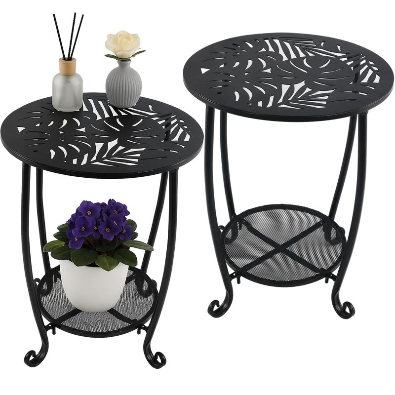 lucpur 2-Tier Metal Round Side Table Black Accent Coffee Tables Small Space Corner Plant Stand Shelf for Indoor Outdoor Porch Patio Balcony Living Room End Table with Storage, Rust-Proof - Image 1