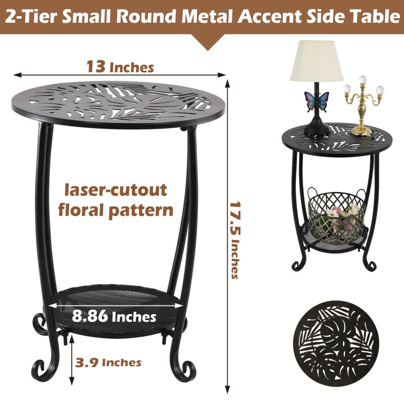 lucpur 2-Tier Metal Round Side Table Black Accent Coffee Tables Small Space Corner Plant Stand Shelf for Indoor Outdoor Porch Patio Balcony Living Room End Table with Storage, Rust-Proof - Image 2