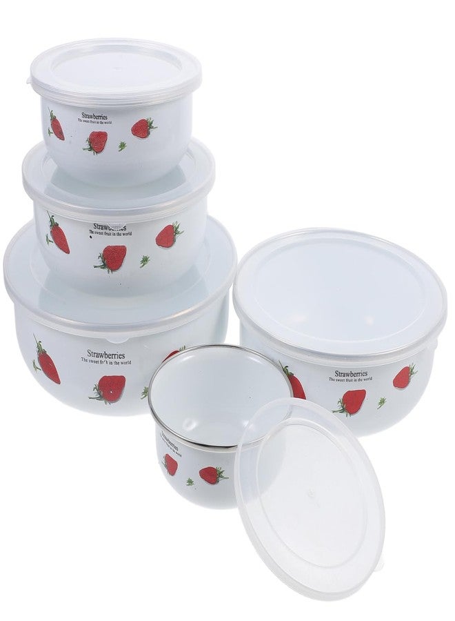PRETYZOOM 5Pcs Fresh Bowl Set, Enamel Bowls with Lids Stackable Food Storage Containers for Salad Soup Home Use Red Strawberry Design - Image 1