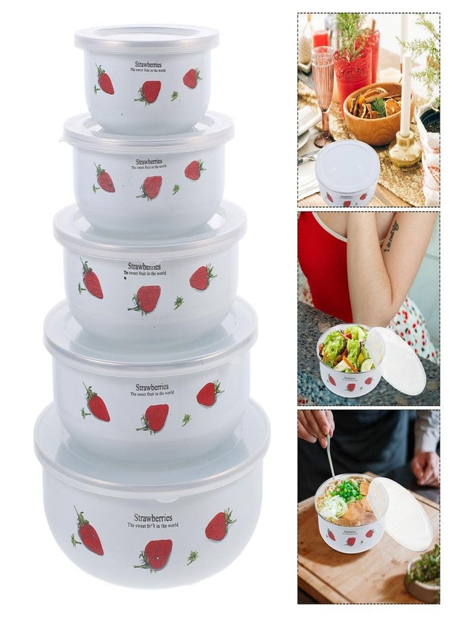 PRETYZOOM 5Pcs Fresh Bowl Set, Enamel Bowls with Lids Stackable Food Storage Containers for Salad Soup Home Use Red Strawberry Design - Image 4