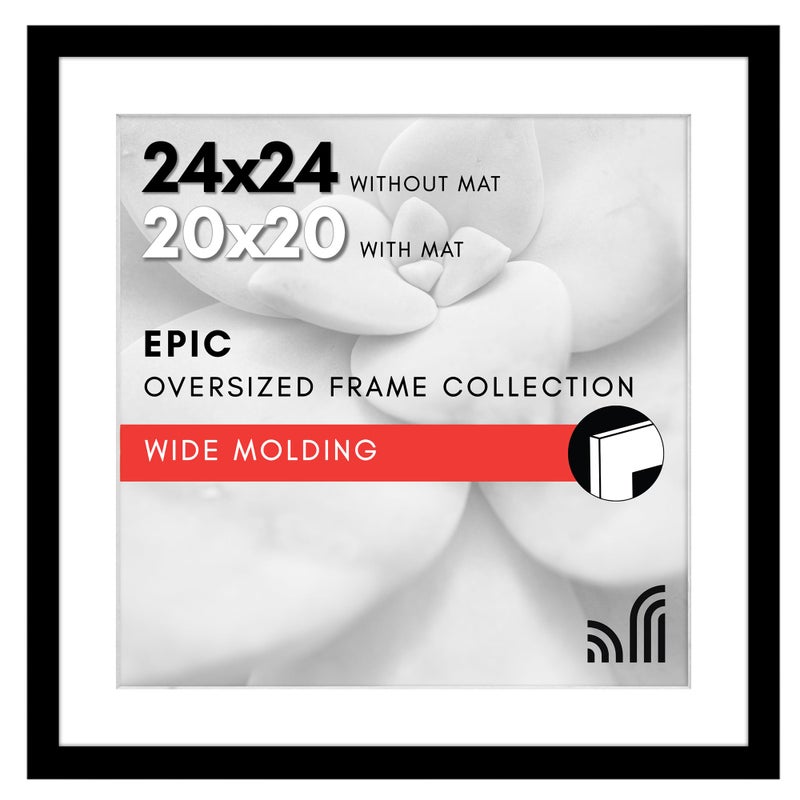 إطار صور أمريكان فلات 24x24 مع زجاج أكريليك مصقول استخدمه كإطار 20x20 مع مات أو عرض صورة 24x24 بدون مات مجموعة إيبك من إطارات الصور المربعة العريضة للعرض على الحائط باللون الأسود