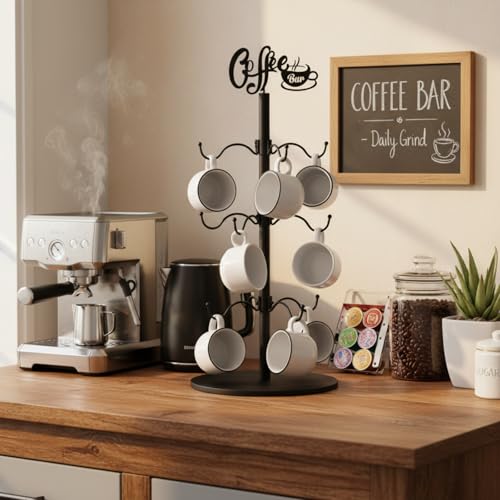 LemonRoad Coffee Bar Mug Holder Tree Sturdy Metal Cup Holder for Countertop Coffee Mug Hanger with 12 Hooks for Counter Cabinet Christmas Home Bar Accessories Storage and Organizer Black - Image 3