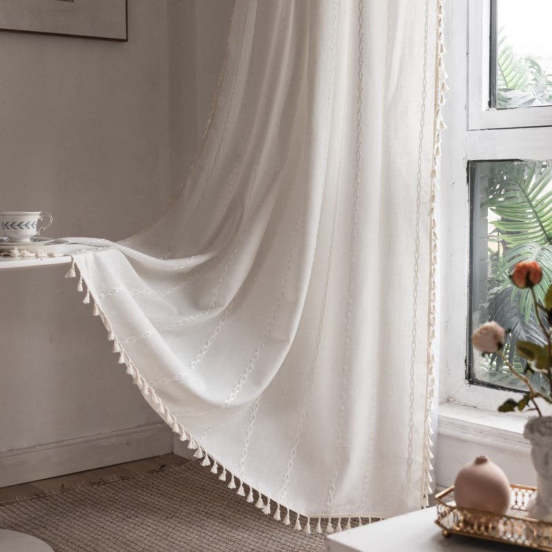 RoomTalks White Boho Farmhouse Curtains for Bedroom Living Room 84 Inch Length French Country Cute Polyester Window Curtain Panels Embroidery Striped Bohemian Chic Tassel Draperies 84L x 52W