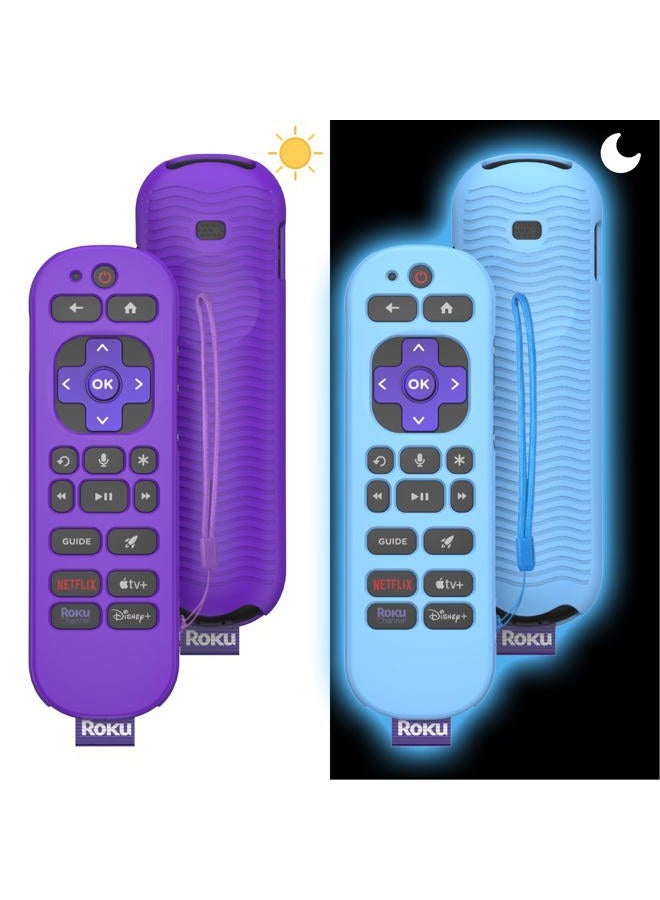 Wacanc [2 Pcs] Silicone Remote Case Cover for Roku Voice Remote Pro (2nd Ed.), Anti Slip Shockproof Remote Protective Sleeve for RCB1R(2024), Remote Protective Cover Case with Lanyard (Purple+Glow Blue) - Image 1