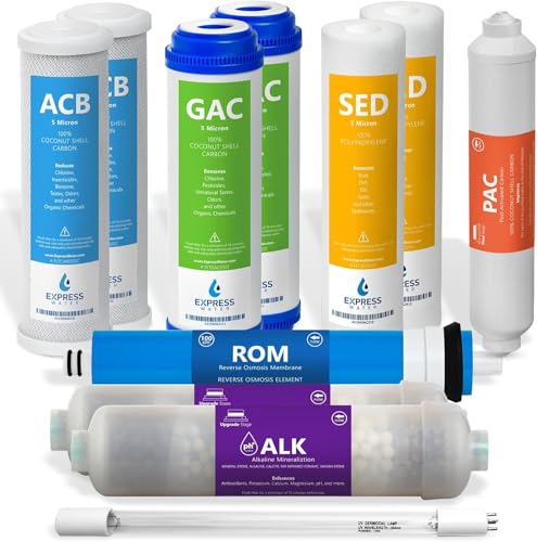 Express Water – 1 Year Reverse Osmosis System Filter Set – 11 Filters with 100 GPD RO Membrane, Carbon GAC ACB PAC, Sediment SED, Alkaline, and UV Filters – 10 inch Size Replacement Water Filters - Image 1