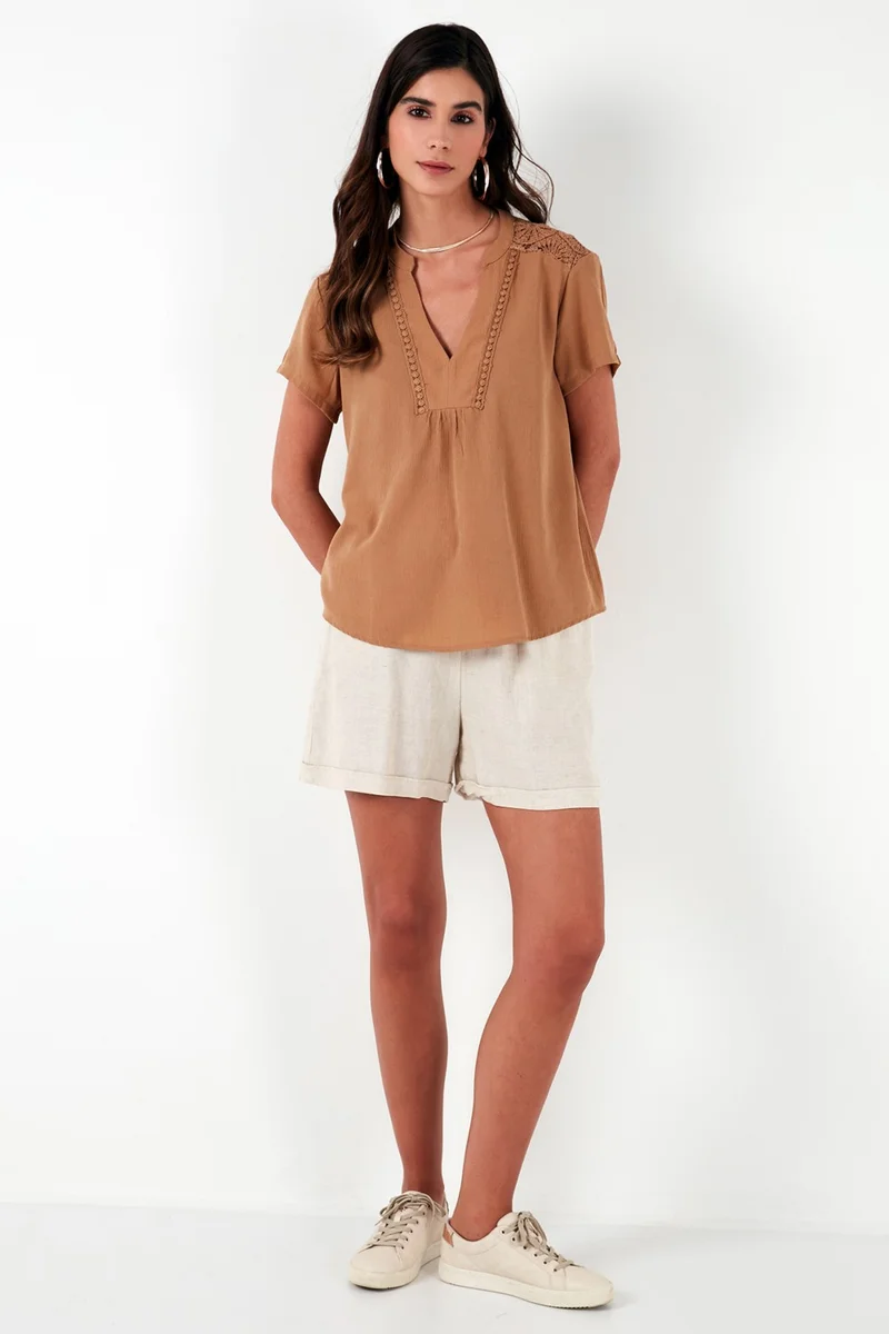 Lela Guipure Detailed 100% Cotton Regular Fit V-Neck Blouse Women's Blouse 611BZ0286