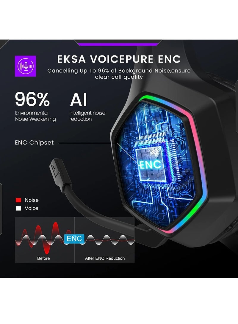 EKSA EKSA E1000WT Wireless Gaming Headset, 2.4GHz USB Gaming Headphones with Microphone for PC, PS5, PS4, Nintendo Switch, 7.1 Surround Sound Gaming Headset, RGB Light - Image 5