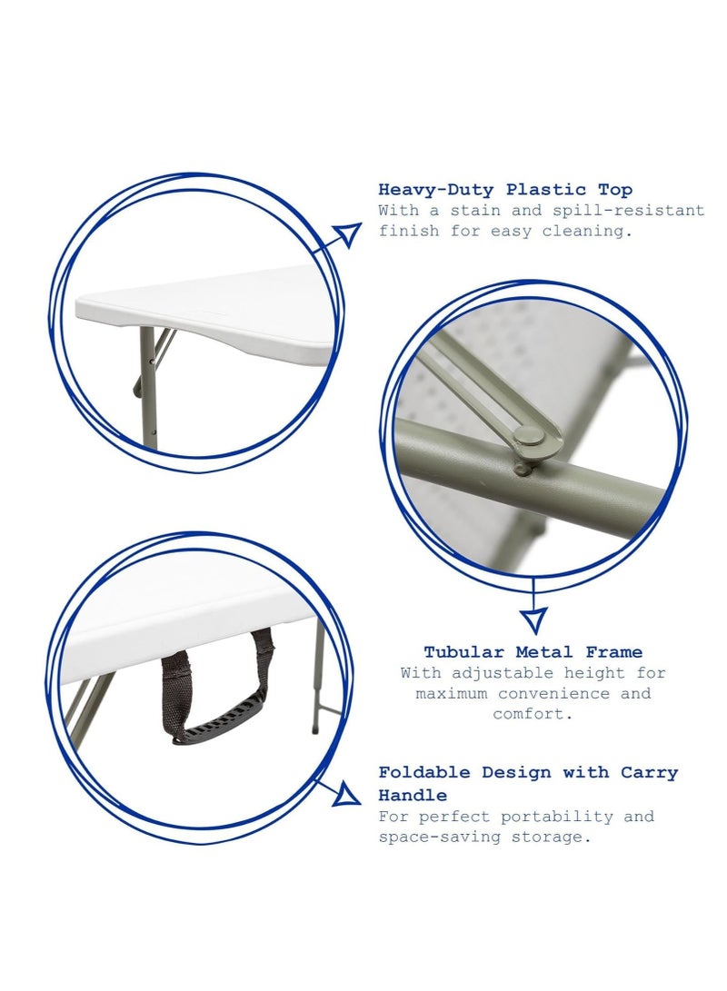 كيلا طاولة تخييم خارجية خفيفة الوزن قابلة للطي، طاولة نزهة خارجية بلاستيكية شديدة التحمل، طاولة قابلة للطي لحفلات الشواء، تطوى إلى نصفين بمقبض حمل، بيضاء (120×60×75 سم) - Image 3