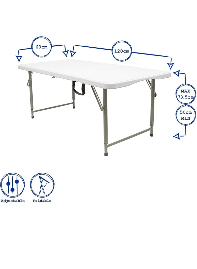 كيلا طاولة تخييم خارجية خفيفة الوزن قابلة للطي، طاولة نزهة خارجية بلاستيكية شديدة التحمل، طاولة قابلة للطي لحفلات الشواء، تطوى إلى نصفين بمقبض حمل، بيضاء (120×60×75 سم) - Image 2