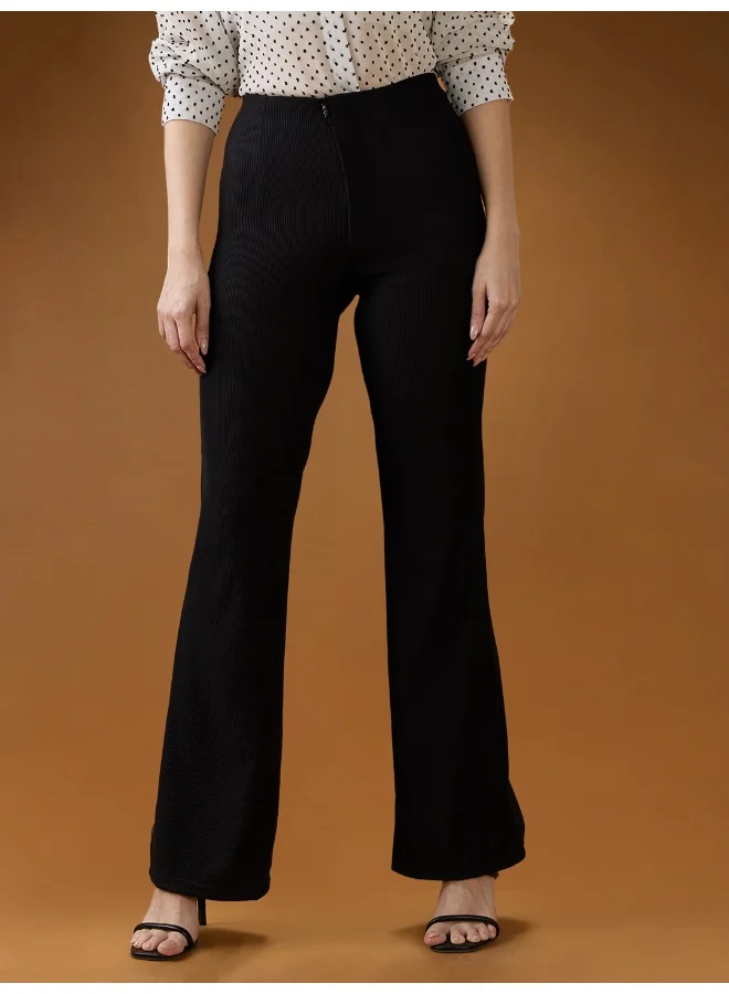 globus Globus Women Black Striped Mid Rise Straight Fit Workwear Trousers