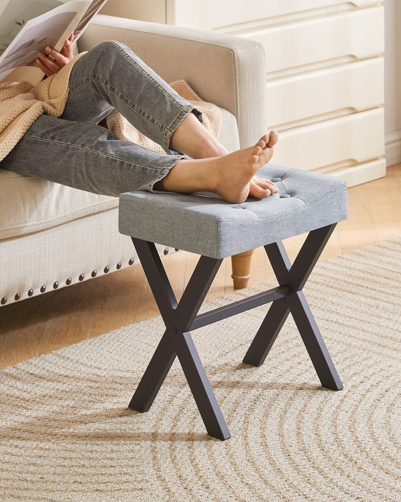 IBUYKE U-Shaped Linen Vanity Stool, Square Makeup Chair with X-Leg, Ottoman Seat Footrest Stool, Multi-Use as Small Side Table, for Bedroom, Living Room, Blue Gray WBD018L - Image 4