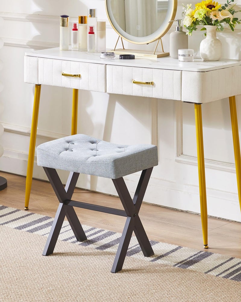 IBUYKE U-Shaped Linen Vanity Stool, Square Makeup Chair with X-Leg, Ottoman Seat Footrest Stool, Multi-Use as Small Side Table, for Bedroom, Living Room, Blue Gray WBD018L - Image 3