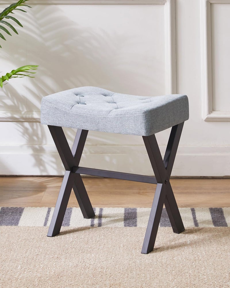 IBUYKE U-Shaped Linen Vanity Stool, Square Makeup Chair with X-Leg, Ottoman Seat Footrest Stool, Multi-Use as Small Side Table, for Bedroom, Living Room, Blue Gray WBD018L - Image 2