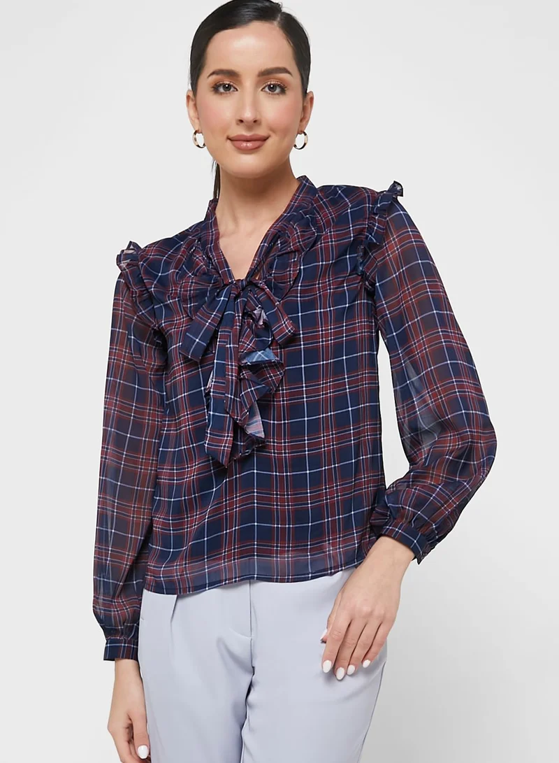 ELLA Tie Neck Ruffle Detail Top