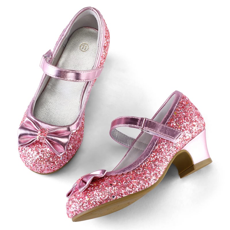 K KomForme Girl's Dress Shoes Mary Jane Glitter 1.5 in Low Heel Wedding Party Princess Shoes for Toddler/Little/Big Kids Pink - Image 3