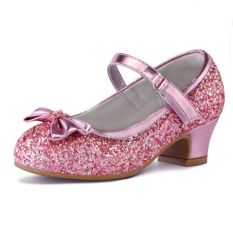 K KomForme Girl's Dress Shoes Mary Jane Glitter 1.5 in Low Heel Wedding Party Princess Shoes for Toddler/Little/Big Kids Pink - Image 1
