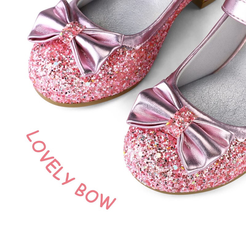 K KomForme Girl's Dress Shoes Mary Jane Glitter 1.5 in Low Heel Wedding Party Princess Shoes for Toddler/Little/Big Kids Pink - Image 4