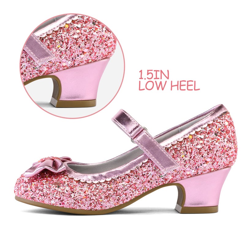 K KomForme Girl's Dress Shoes Mary Jane Glitter 1.5 in Low Heel Wedding Party Princess Shoes for Toddler/Little/Big Kids Pink - Image 5