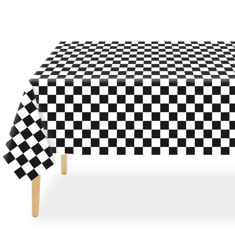QIKSION Checkered Tablecloth Disposable 2 Pack 54 x 108 Inch Black and White Checkered Flag Table Cloth for Rectangle Tables Plastic Table Cover