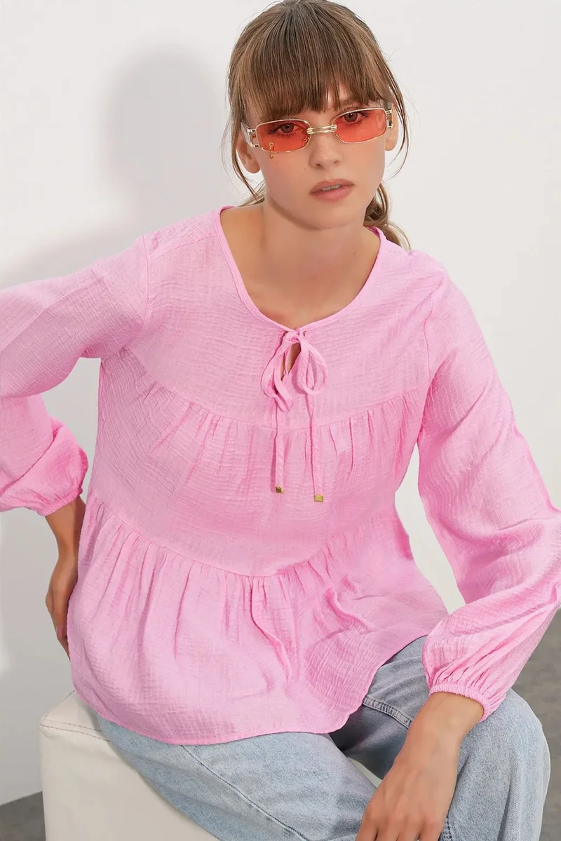 Big Dart Blush Pink BDART Textured Tie-Front Blouse for Women | Best Price UAE