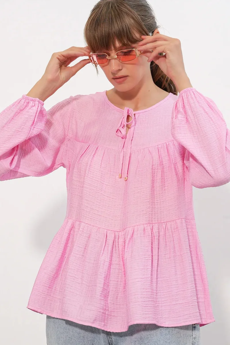 Big Dart Blush Pink BDART Textured Tie-Front Blouse for Women | Best Price UAE