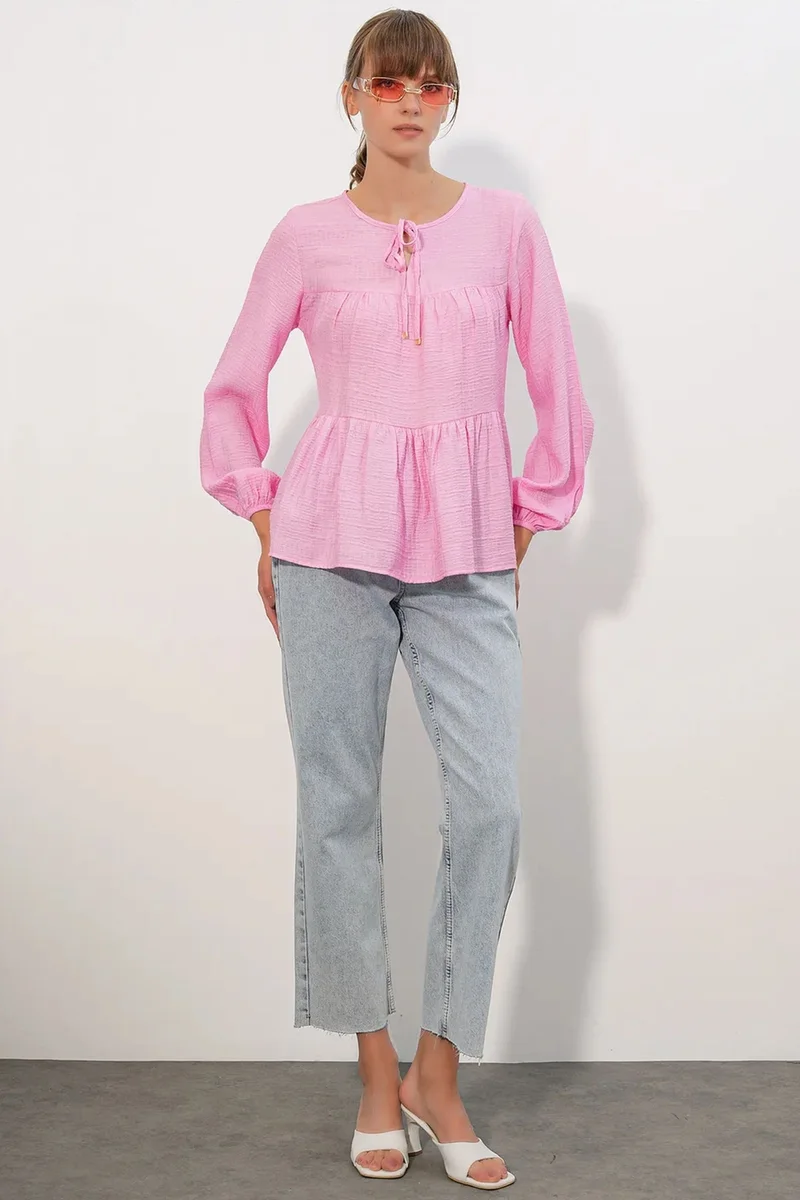 Big Dart Blush Pink BDART Textured Tie-Front Blouse for Women | Best Price UAE
