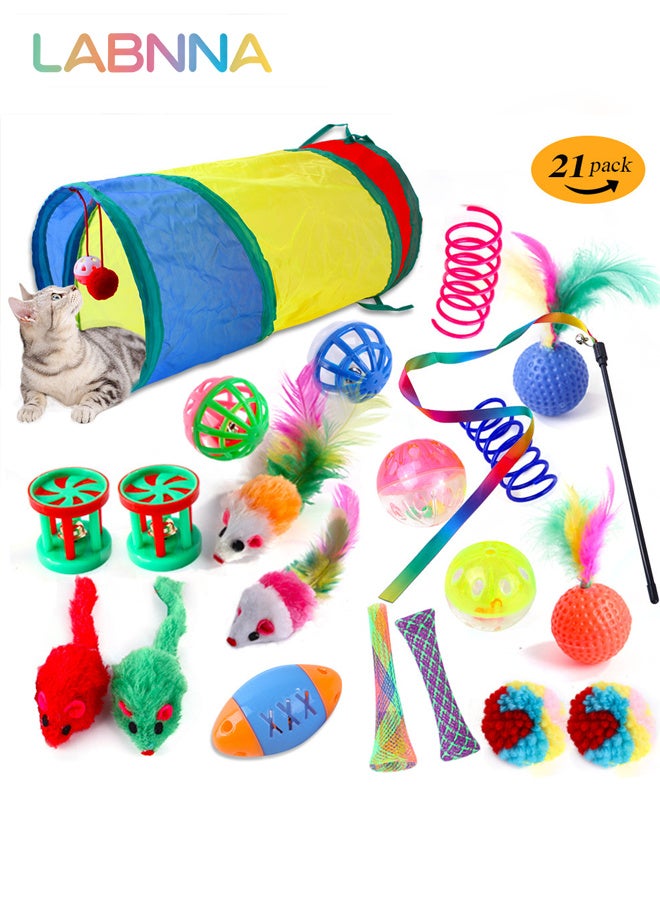 LABNNA 21PCS Cat Tunnel Set with Cat Teaser Stick, Cat Balls, Feather Toys and Other Cat toys, Collapsible Cat Play Tunnel, Funny Interactive Cat Toys, Various Cat Enrichment Toys, Soft Safe Cat Toys(Random Color) - Image 1