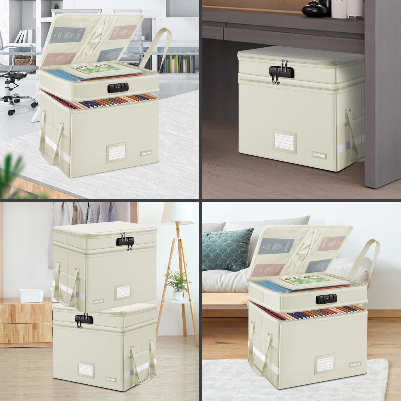 DocSafe File Box with Lock,Multi-Layer Fireproof Document Box Collapsible File Storage Organizer with Pockets/Handle,Large Portable Home Office Filing Box for Hanging Letter/Legal Size Folders,Beige - Image 3