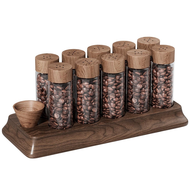 Gernshe Single Dose Coffee Bean Storage Tubes Coffee Storage Container with One-Way Exhaust Valve,Coffee Bean Cellar 10 Pcs Dosing Glass Vials (2 Oz) Walnut Wood Stand Funnel And Lids - Image 1