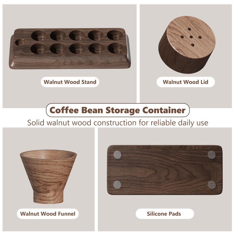 Gernshe Single Dose Coffee Bean Storage Tubes Coffee Storage Container with One-Way Exhaust Valve,Coffee Bean Cellar 10 Pcs Dosing Glass Vials (2 Oz) Walnut Wood Stand Funnel And Lids - Image 3