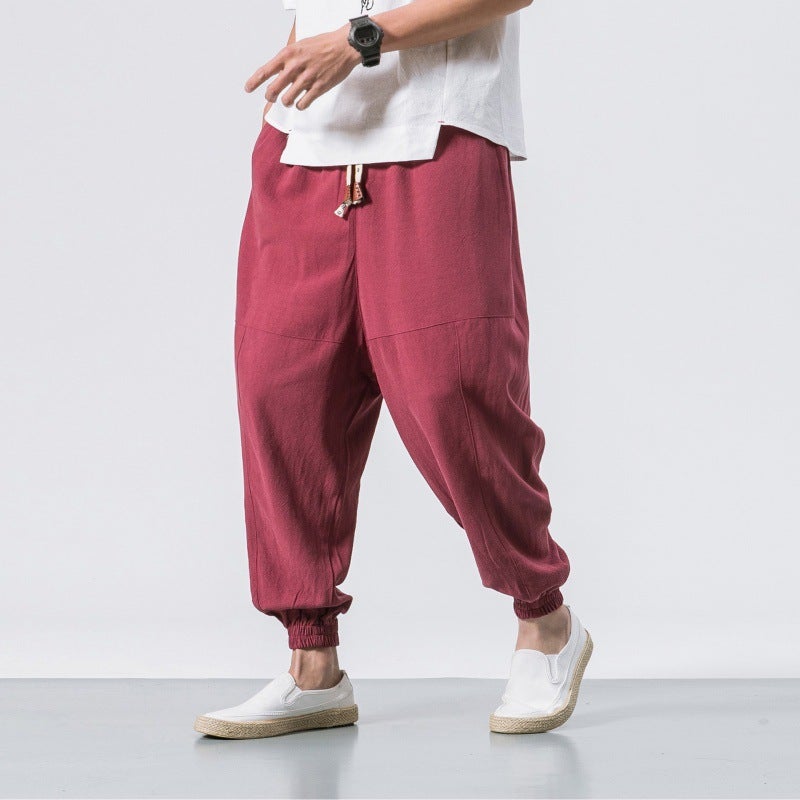 Cross-border temu Explosive Mens Cotton and Linen Harem Pants Chinese Style plus size Casual Pants Loose Bundle Linen Trendy Pants 61 Red