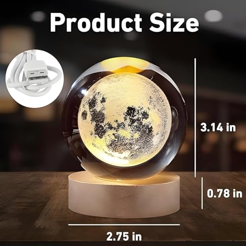 One94Store 3D Crystal Moon Lamp | Engraved Crystal Ball LED Night Light with Wooden Base, USB Powered | Romantic Home Décor & Valentine Day Gift for Her, Him & Couples (Warm White) - Image 3