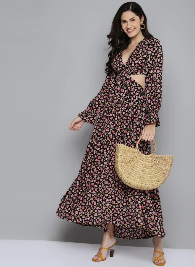 SASSAFRAS Floral Cut-Out Maxi Dress for Women