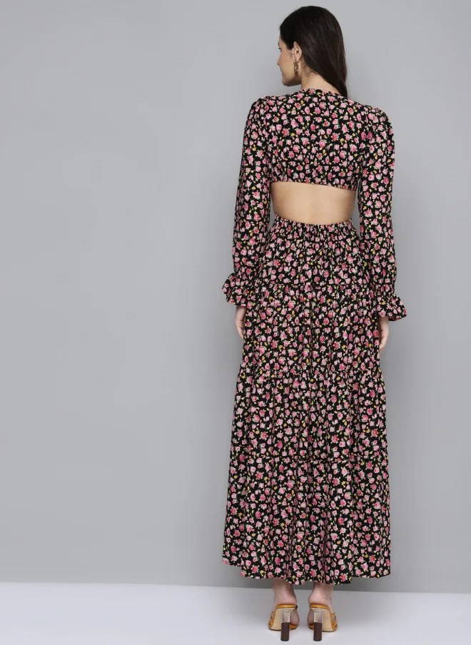 SASSAFRAS Floral Cut-Out Maxi Dress for Women