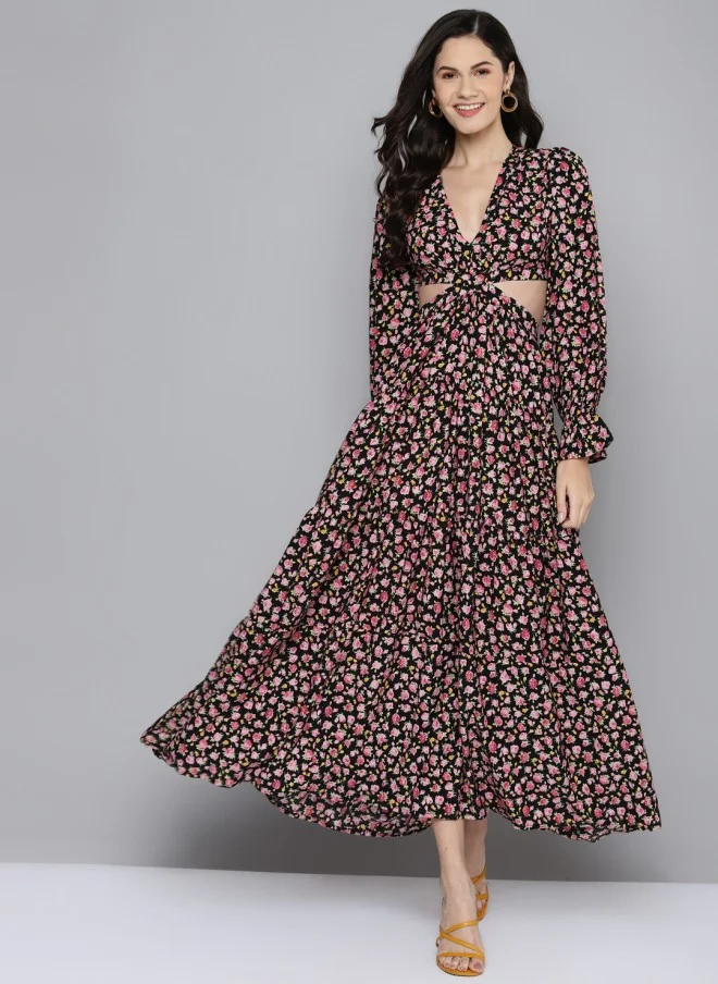 SASSAFRAS Floral Cut-Out Maxi Dress for Women