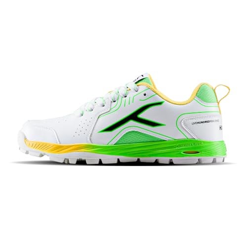 Hundred Pitch Force Limited Edition Cricket Shoes | Terraspike Studs | Embedded Support Plate for Stability | Lightweight & Durable | Ideal for All Surfaces (White/Green/Yellow ; UK 1) - Image 1