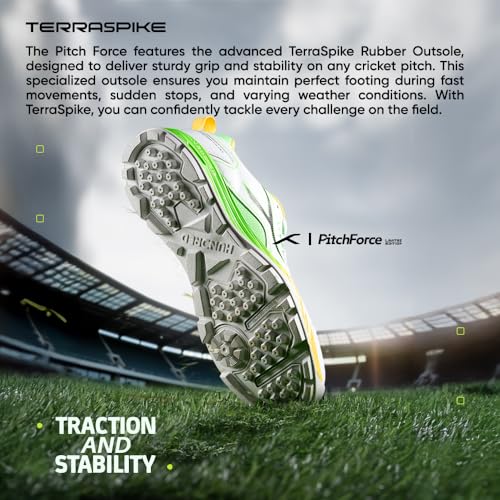 Hundred Pitch Force Limited Edition Cricket Shoes | Terraspike Studs | Embedded Support Plate for Stability | Lightweight & Durable | Ideal for All Surfaces (White/Green/Yellow ; UK 1) - Image 3