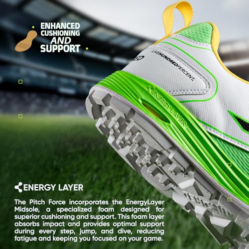 Hundred Pitch Force Limited Edition Cricket Shoes | Terraspike Studs | Embedded Support Plate for Stability | Lightweight & Durable | Ideal for All Surfaces (White/Green/Yellow ; UK 1) - Image 4