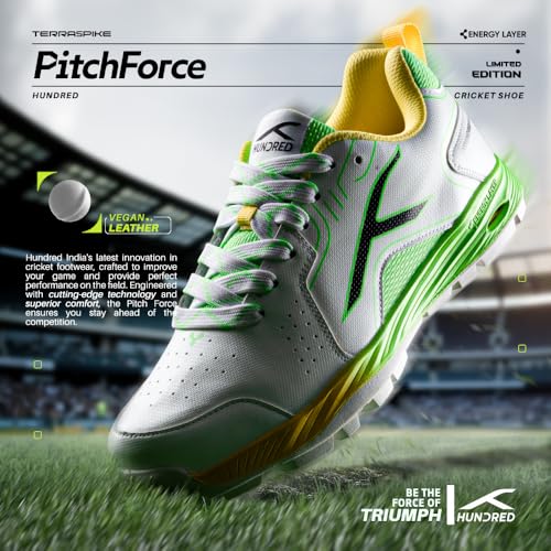 Hundred Pitch Force Limited Edition Cricket Shoes | Terraspike Studs | Embedded Support Plate for Stability | Lightweight & Durable | Ideal for All Surfaces (White/Green/Yellow ; UK 1) - Image 2