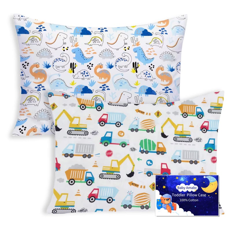 Baby Amabc Toddle Pillowcase 2 Pack 100% Cotton Pillow Cover, Cot Bed Pillow Pair Cases 40x60cm Gifts for Children's Day Dinosaur Truck - Image 1