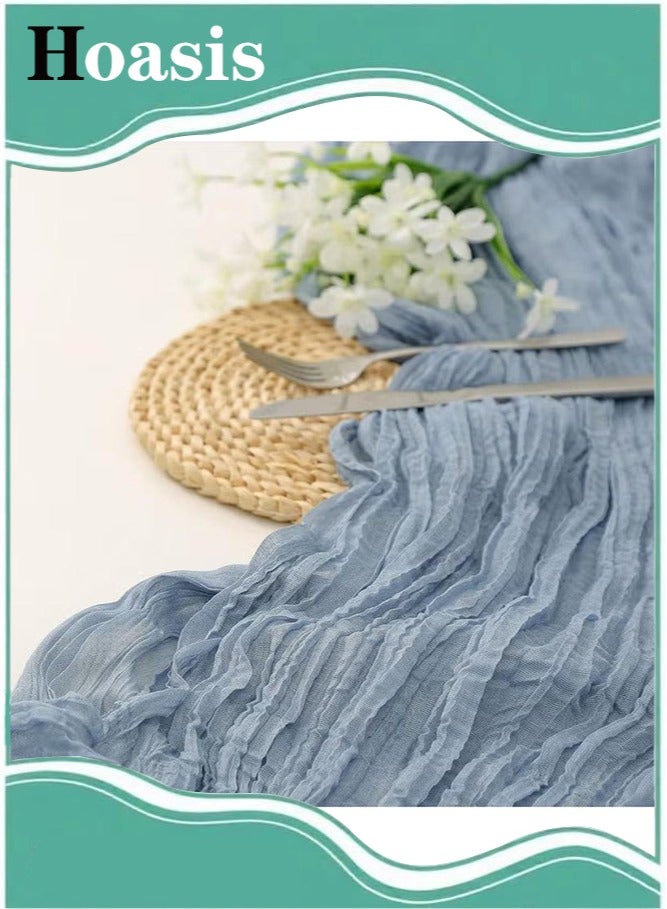 Hoasis 90*400CM Table Runners, Boho Gauze Table Runner, Translucent Table Runner Chessian Tablecloth for Wedding Reception Bridal Shower Party Decoration Table Centerpiece (Blue) - Image 1