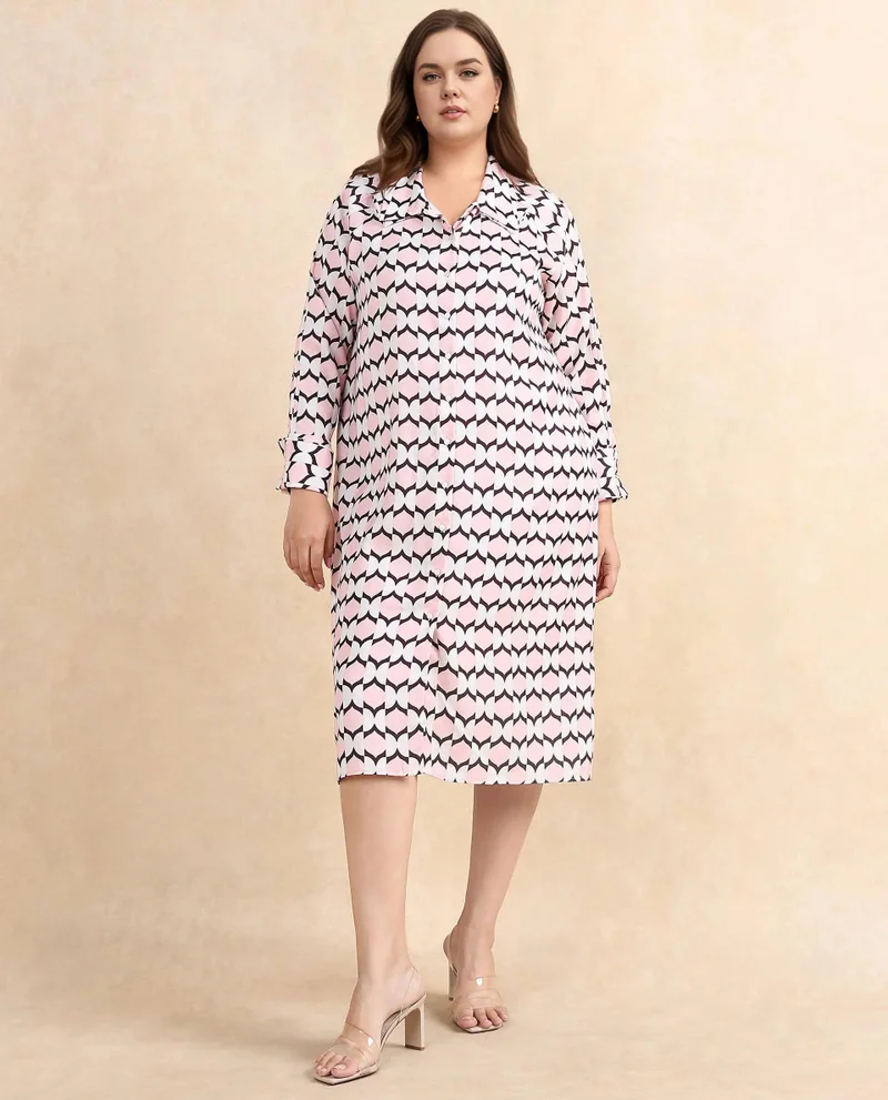 ريريزم Rareism Women Gyumri Light Multi Polyester Fabric Raglan Sleeves Collared Neck Button Closure A-Line Midi Geometric Print Dress