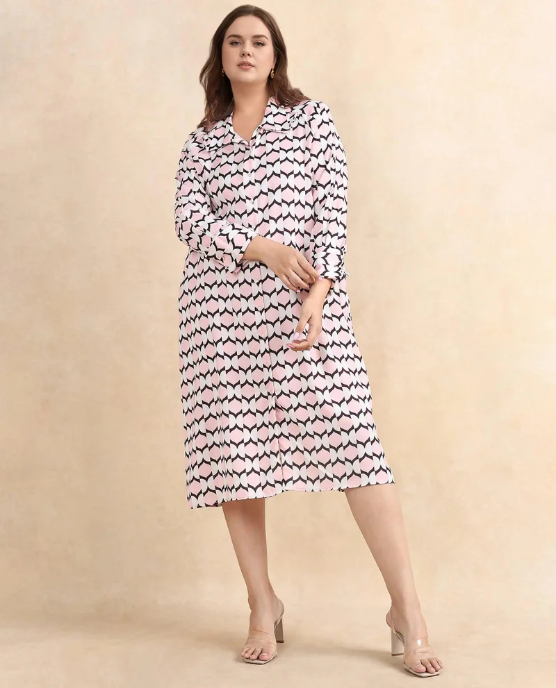 ريريزم Rareism Women Gyumri Light Multi Polyester Fabric Raglan Sleeves Collared Neck Button Closure A-Line Midi Geometric Print Dress