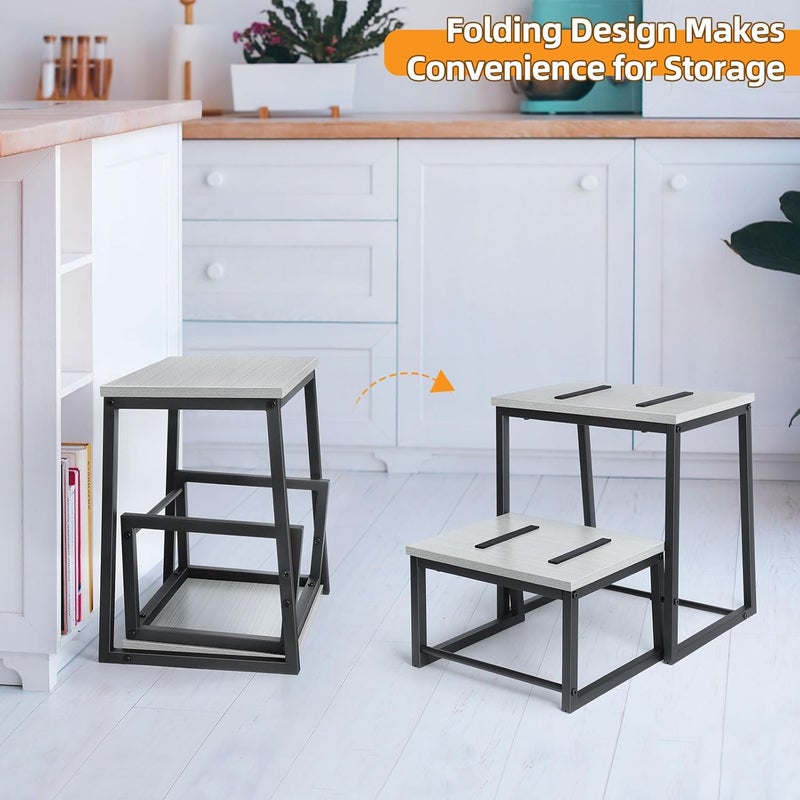 LIANTRAL Step Stool for Adults, 2 Step Stool, Steel & Sturdy Wooden Step Stool Helper, Supports Up to 500lb, Foot Stool for High Bed Kitchen Bathroom (Grey), Gray - Image 3