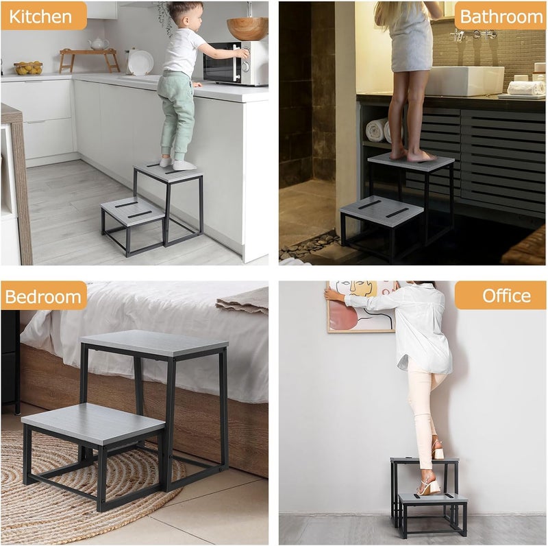 LIANTRAL Step Stool for Adults, 2 Step Stool, Steel & Sturdy Wooden Step Stool Helper, Supports Up to 500lb, Foot Stool for High Bed Kitchen Bathroom (Grey), Gray - Image 4