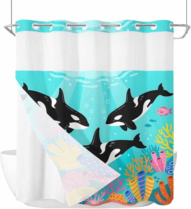 No Hook Shower Curtain and Liner Set, Ocean Whales Snap in Shower Curtain Set, Summer Coastal Sea Corals Teal Turquoise Waterproof Fabric Bathroom Curtain with See Through Top Window 72"x78" - Image 1