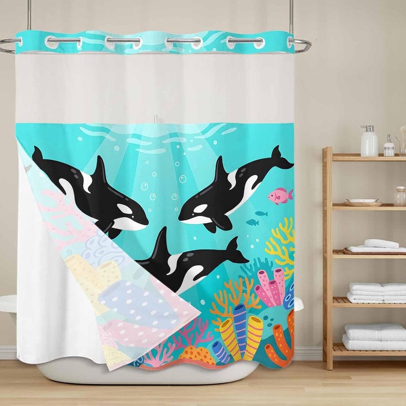 No Hook Shower Curtain and Liner Set, Ocean Whales Snap in Shower Curtain Set, Summer Coastal Sea Corals Teal Turquoise Waterproof Fabric Bathroom Curtain with See Through Top Window 72"x78" - Image 2