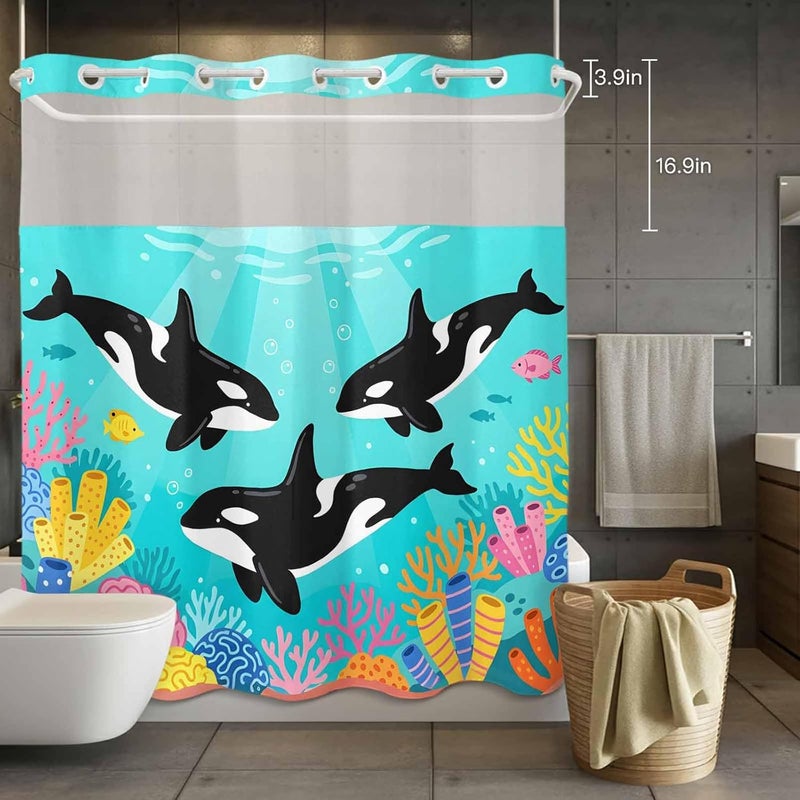 No Hook Shower Curtain and Liner Set, Ocean Whales Snap in Shower Curtain Set, Summer Coastal Sea Corals Teal Turquoise Waterproof Fabric Bathroom Curtain with See Through Top Window 72"x78" - Image 4