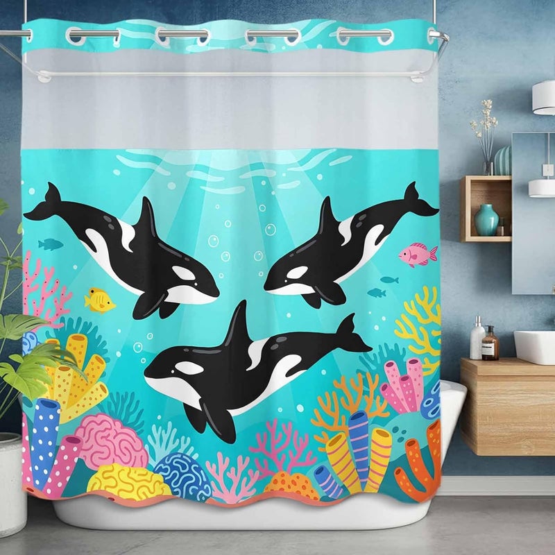 No Hook Shower Curtain and Liner Set, Ocean Whales Snap in Shower Curtain Set, Summer Coastal Sea Corals Teal Turquoise Waterproof Fabric Bathroom Curtain with See Through Top Window 72"x78" - Image 5