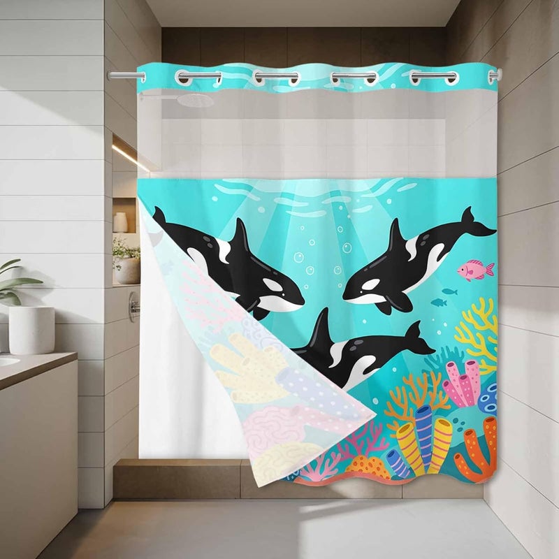 No Hook Shower Curtain and Liner Set, Ocean Whales Snap in Shower Curtain Set, Summer Coastal Sea Corals Teal Turquoise Waterproof Fabric Bathroom Curtain with See Through Top Window 72"x78" - Image 3